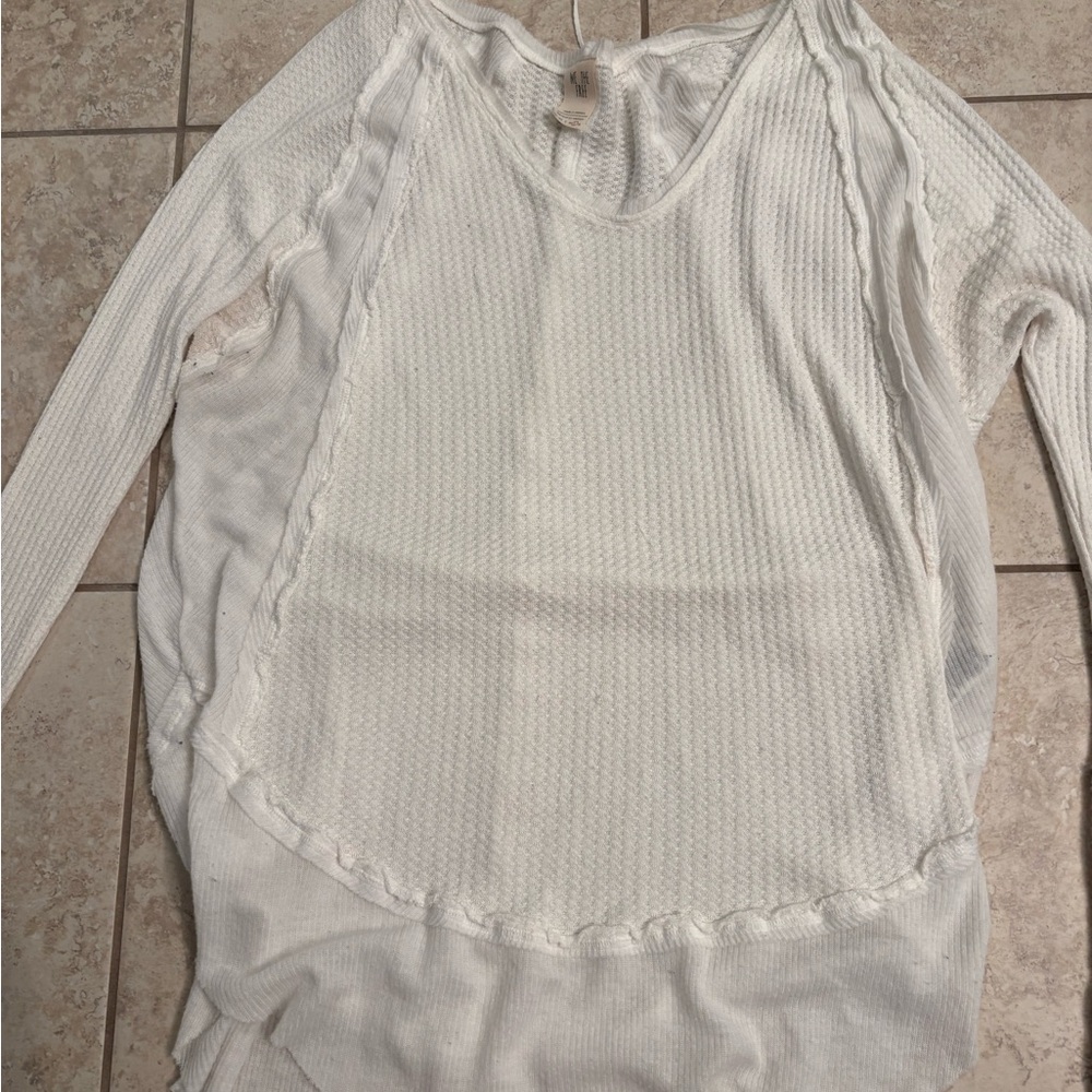 We The Free White Ribbed Ruffled Long Sleeve Blouse